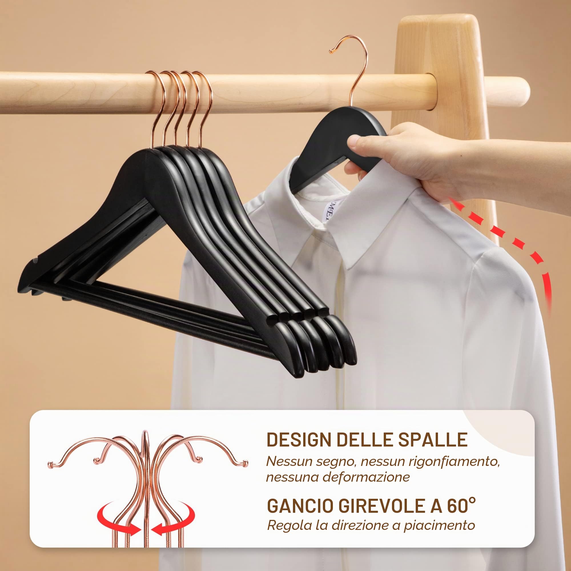 HOUSE DAY Confezione da 32 Grucce in Legno Resistente di Alta Qualità per Abiti Antiscivolo Con Gancio Girevole Color Oro Rosa 45 cm Nero