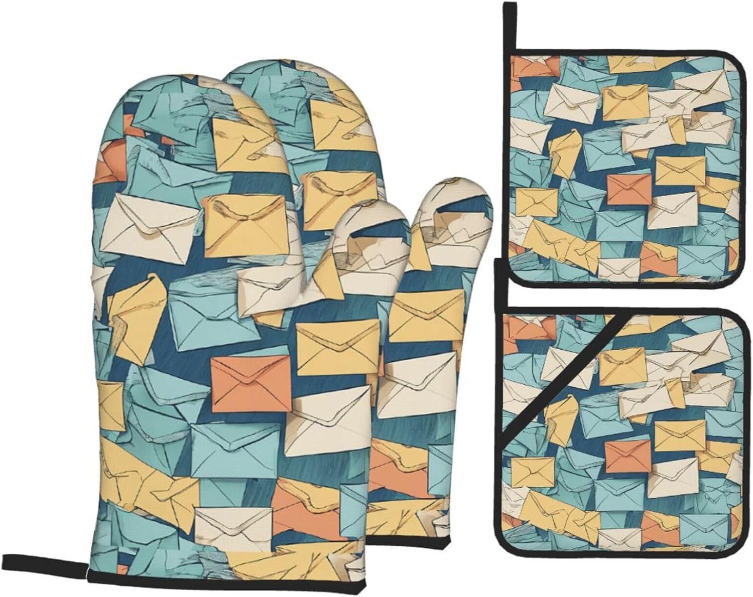 (Postal Stationery) Baking 4-Piece Set: 2 Oven Mitts and 2 Pot Holders Heat Resistant Waterproof Hanging Loop for Kitchen Oven Grill Housewarming Gifts