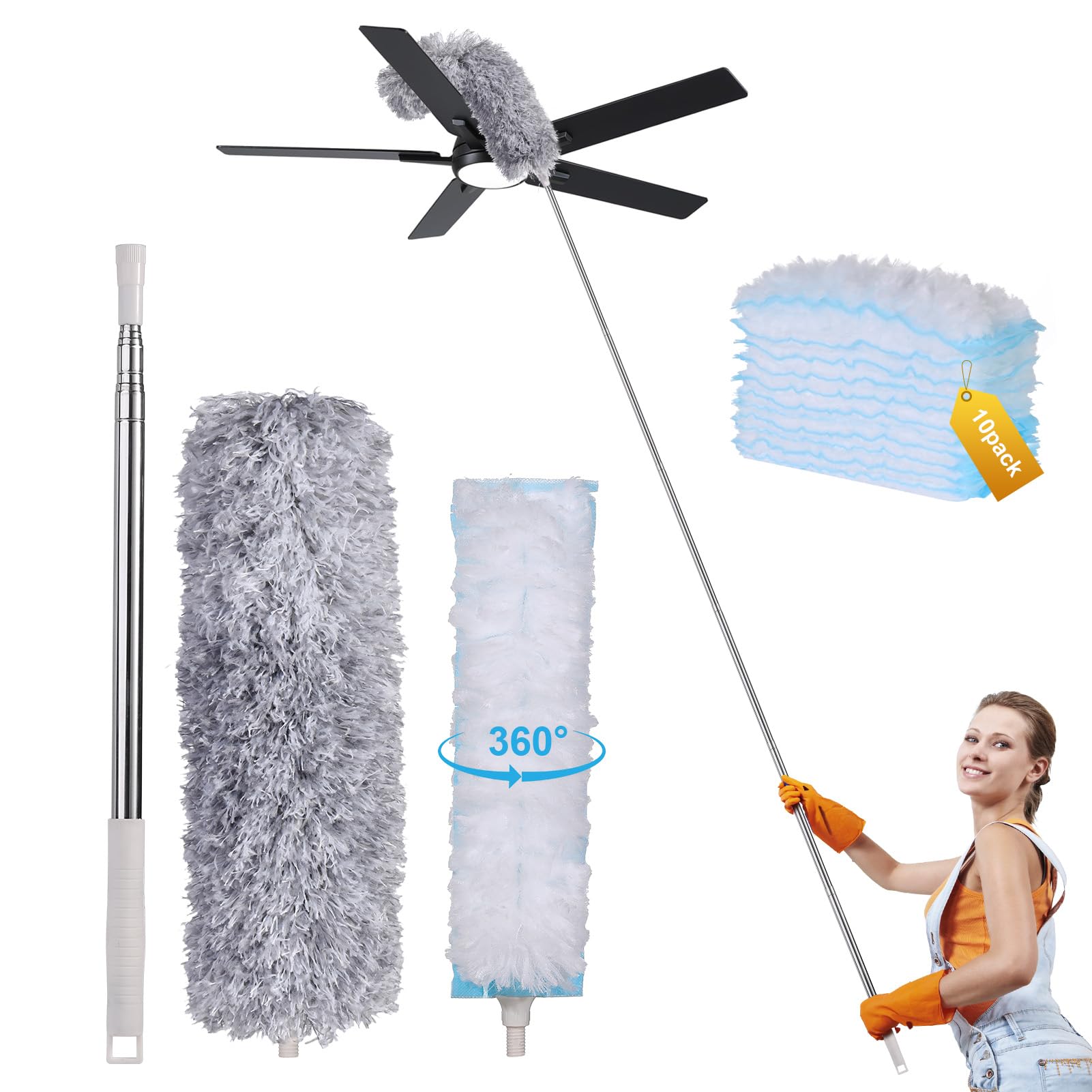 Feather Duster Kit with 31-99in Extendable Long Handle, 10 Disposable Dusters Refills, 1 Reusable Microfiber Duster - Cobweb Duster Tool for Cleaning High Ceiling Fan