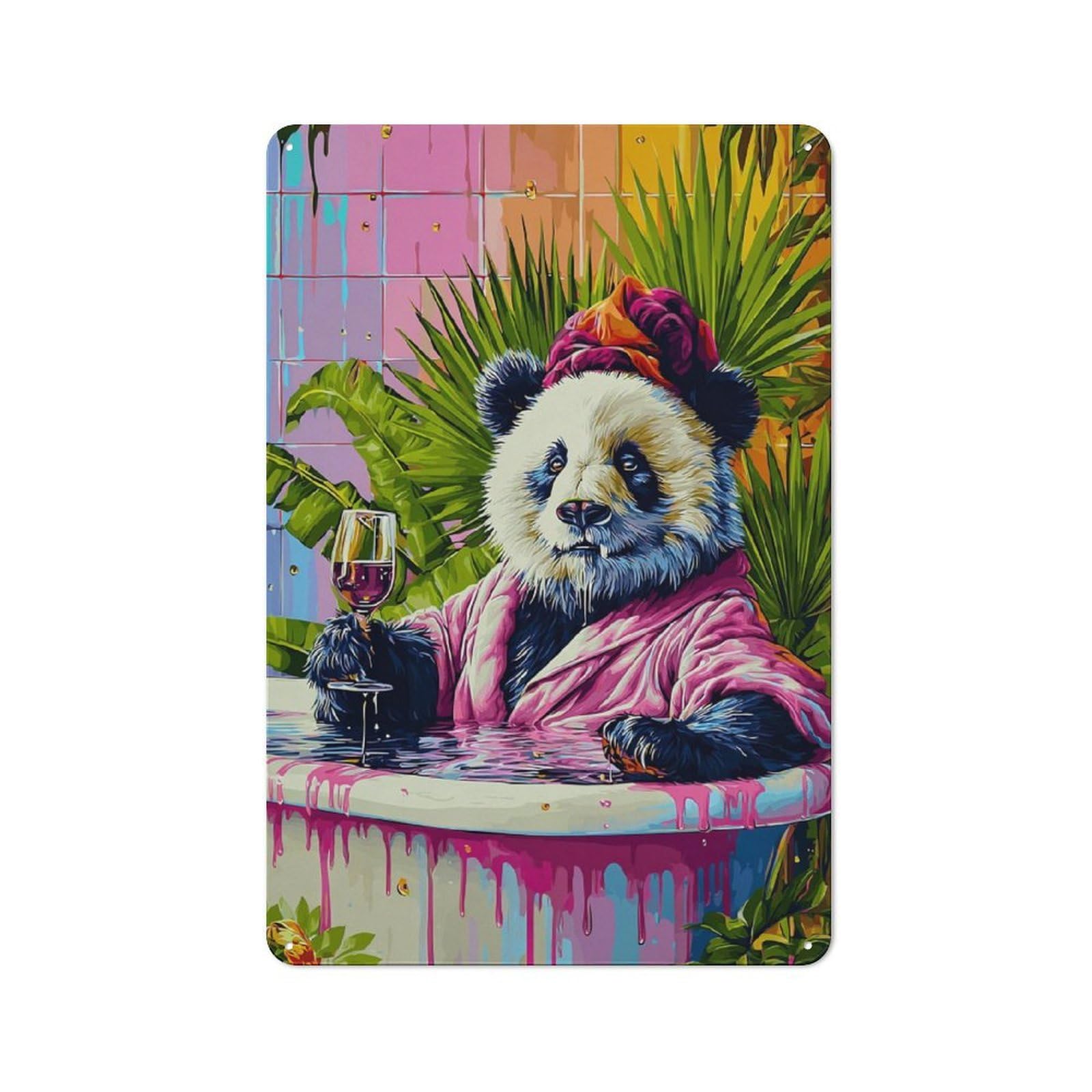 Junmoney Panda In Hot Tub With Wine Smart Metal Wall Decor 30X20cm, Office Metal Sign For Office, Study, Studio Or Hallway
