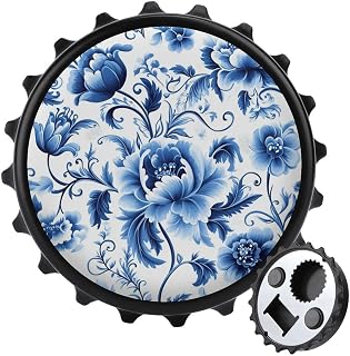Blue And White Floral Pattern Bottle Opener Round Fridge Magnets Traditional Russian Art Beverage Beer Magnetic Bottle Cap Opener for Fridge, Kitchen, Office