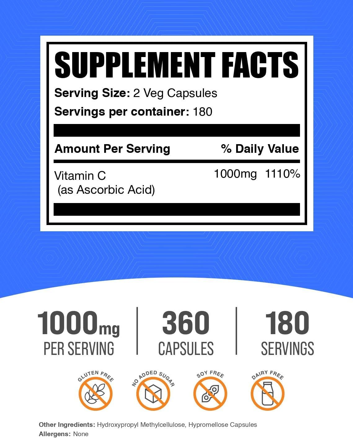 BulkSupplements.com Ascorbic Acid Capsules - Ascorbic Acid Vitamin C 1000mg, Vitamin C Supplement - Vegan & Gluten Free, 2 Capsules per Serving, 360 Count (Pack of 1) - Image 2