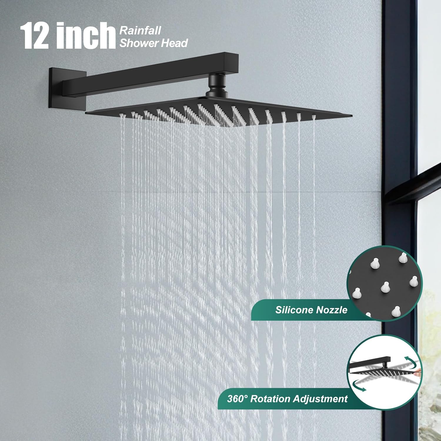 Heyalan Shower System Square Rain Shower System Head Shower Faucet Fixture 2 in 1 Handheld Shower Sprayer Rough in Valve Wall Mount Bathroom Rainfall Combo Set High Pressure,12 Inch,Matte Black