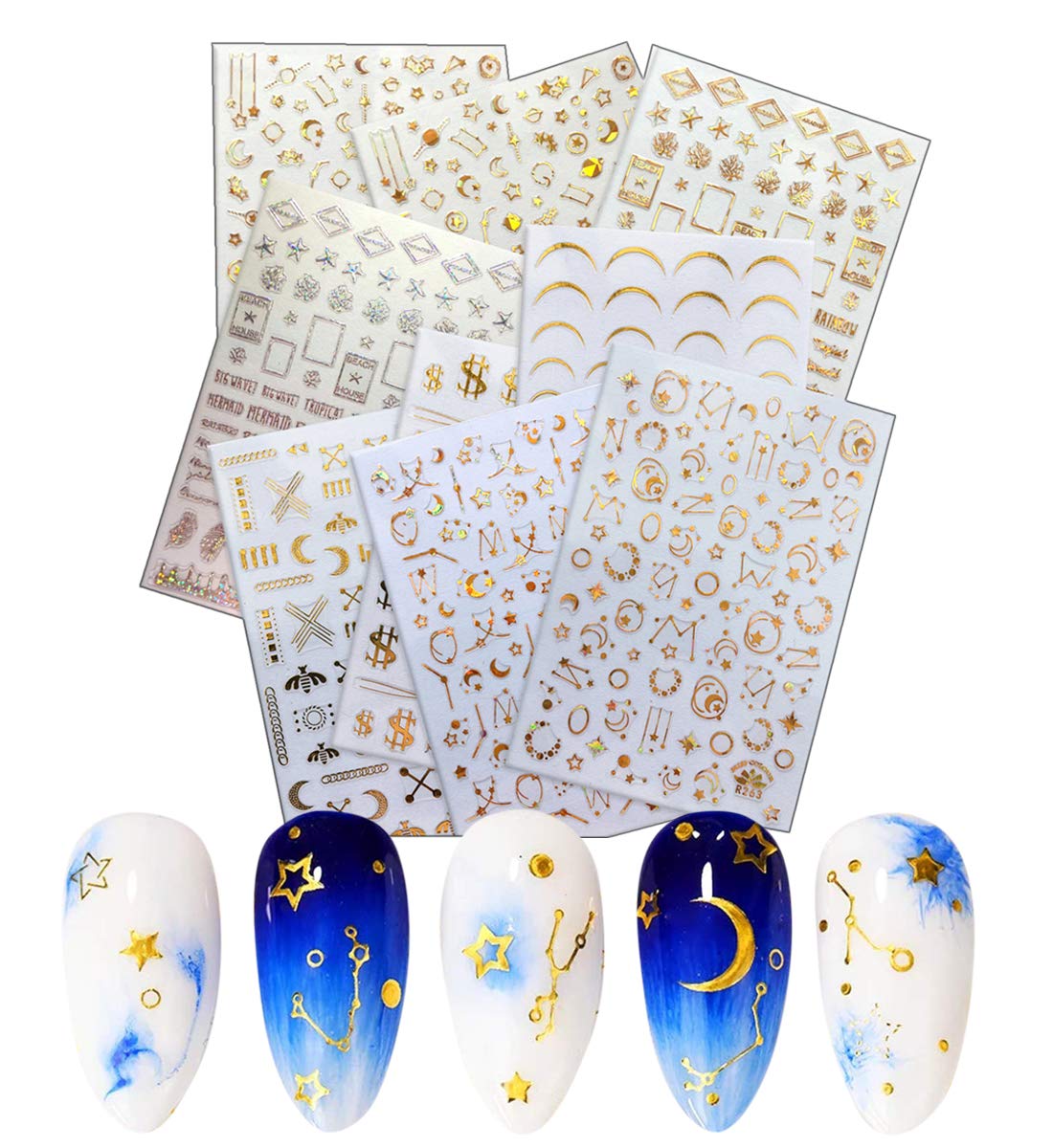 Stars Moon Nail Art Stickers 9 Sheets 3D Stars Moon Gold Metal Self-Adhesive Nail Art Design for Women Charm Decoration Decal Tips Manicure Accessories