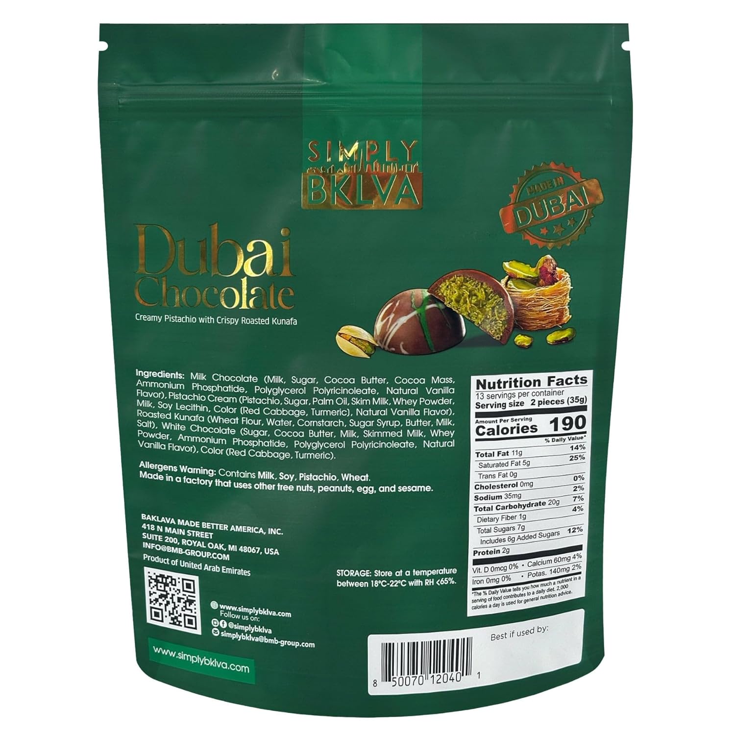 Simply BKLVA Dubai Chocolate, Creamy Pistachio with Crispy Roasted Kunafa, 15.87 oz, 26 Pieces