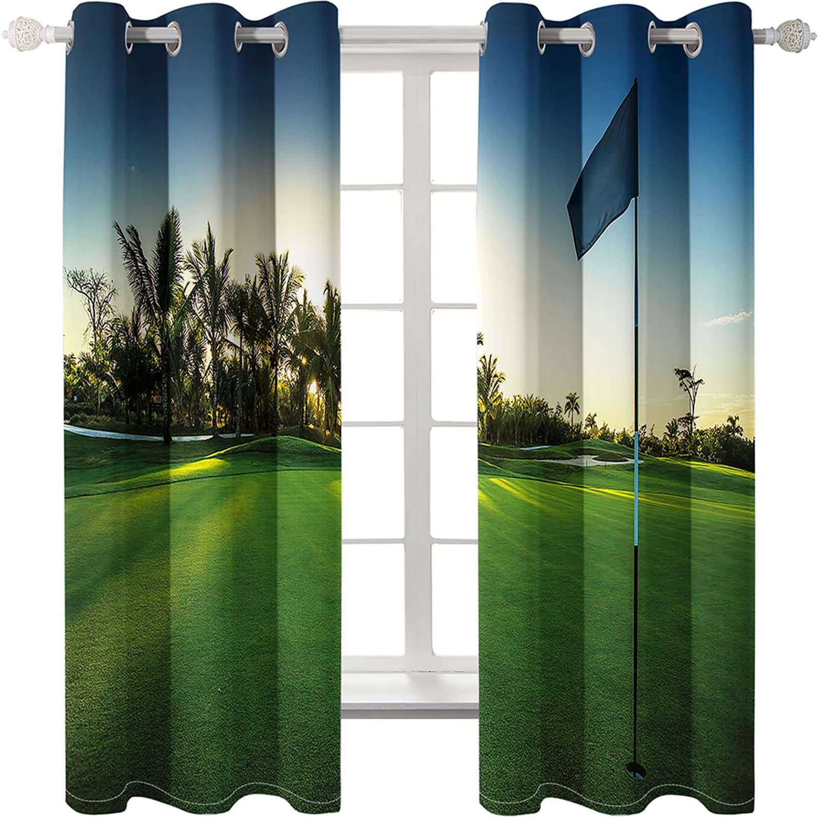 Vorhang Verdunkelung 138 cm Lang, Vorhänge Lichtdicht mit Ösen 2er Set Blau Grün Sonnenuntergang Kokosnussbäume Gras Landschaft Gardinen für Wohnzimmer Schlafzimmer, 96x138 cm(BxH)