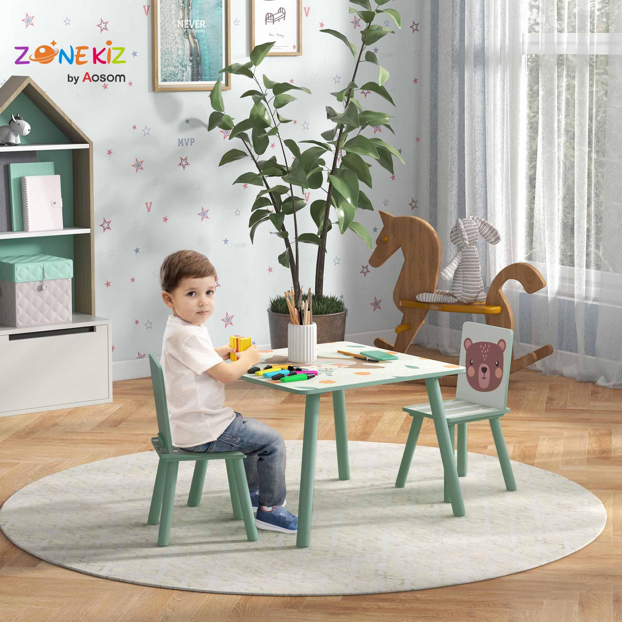 ZONEKIZ Kindertisch mit 2 Stühlen 3-teilig Kindersitzgruppe mit Tiermotiv, Kinder Tisch Stuhl Set Kindermöbel Sitzgruppe für Kinderzimmer, Kindergärten, für 3-8 Jahren Kinder, Grün
