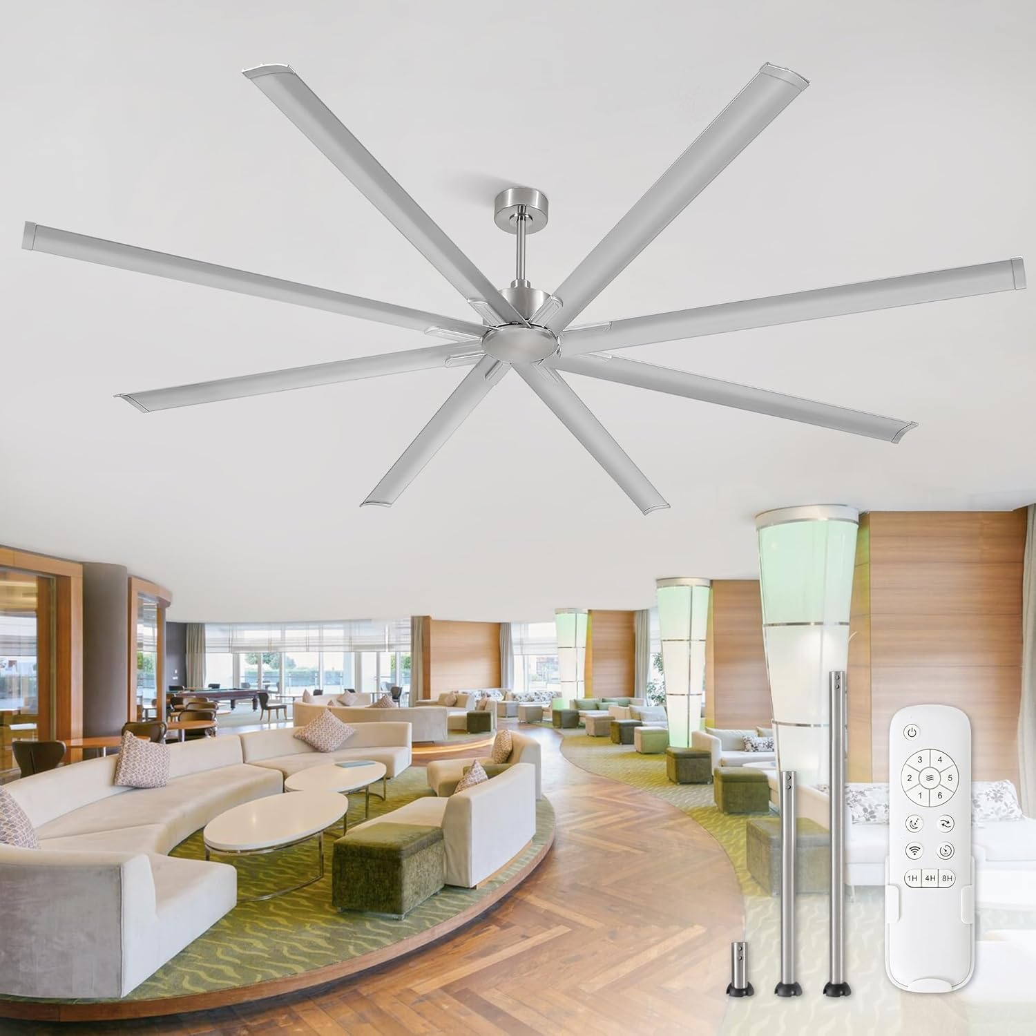 ZMISHIBO 108 Inch Large Ceiling Fans with Remote, High Volume(HVLS) Industrial Ceiling Fan with Reversible DC Motor, 8 Blades, 3 Downrods, Commercial Outdoor Ceiling Fans for Porch/Garage/Shop,Nickel 108inch Nickel