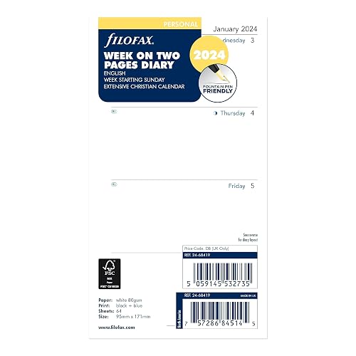 Filofax Calendar Diary Refill, Personal/Compact Size, Week-to-View with Notes Section, Sunday to Saturday, White Paper, Unruled, English, 2024 (C68419-24)