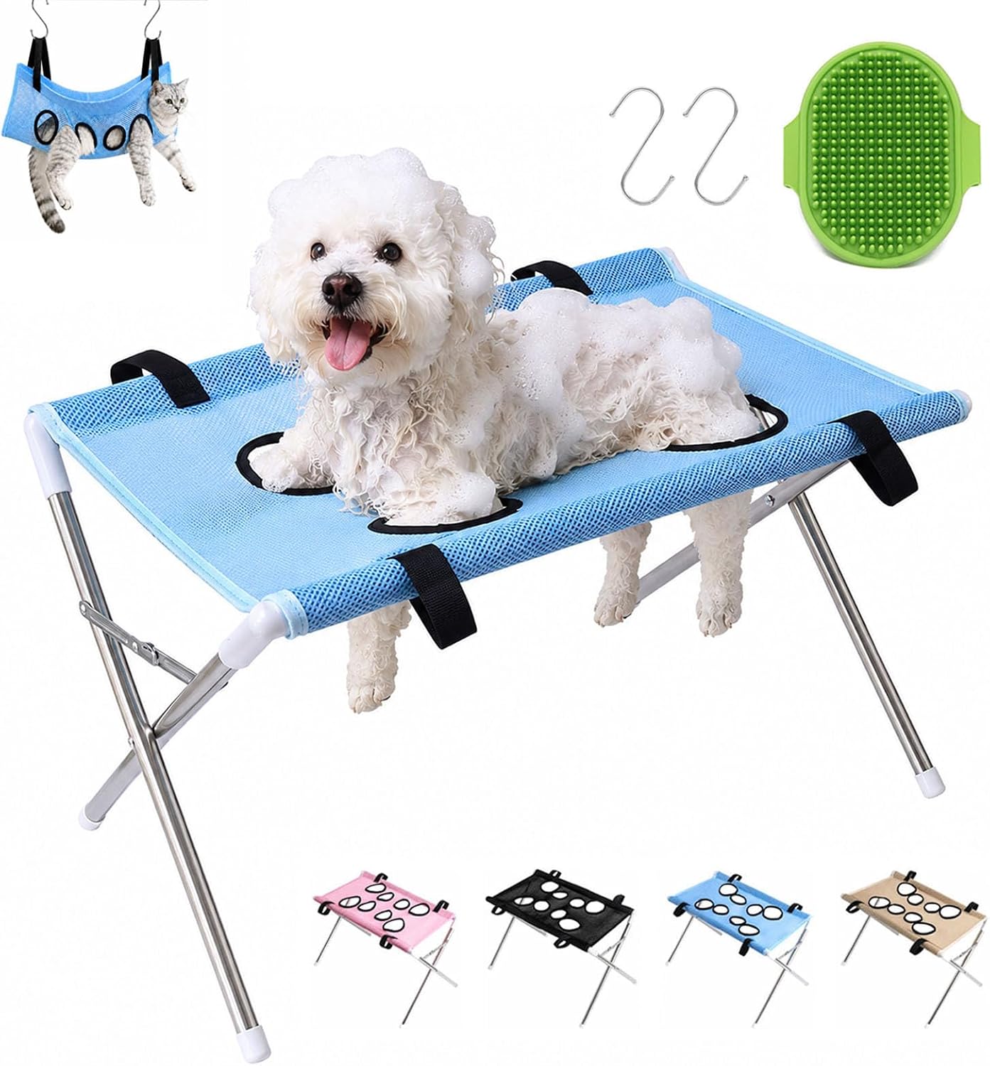 Dog Bath Hammock with Stand, Foldable Dog Grooming Hammock Stand (Blue)