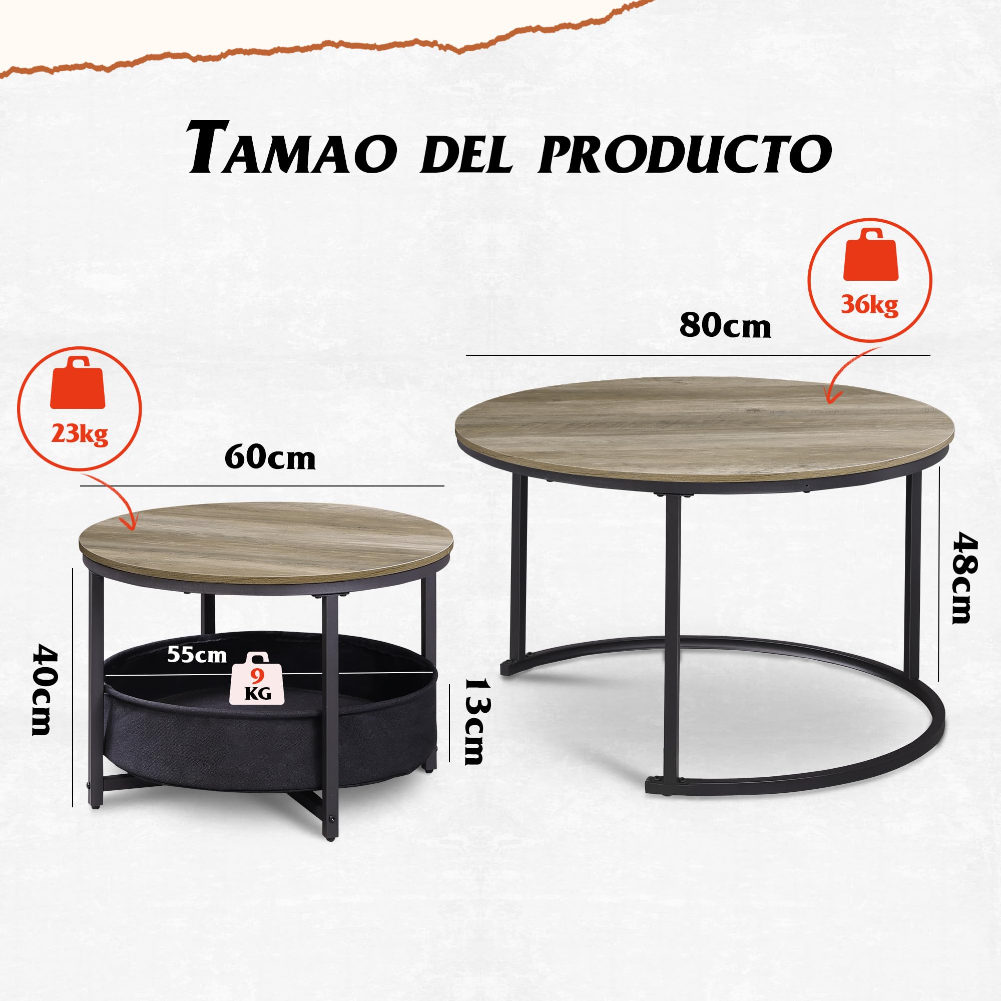WLIVE Mesa de Centro Juego de 2, Mesa Auxiliar Redonda con Almacenamiento, Mesa de Salón de Madera con Estructura Metálica (Gris Negro, 80 y 60 cm de diámetro)