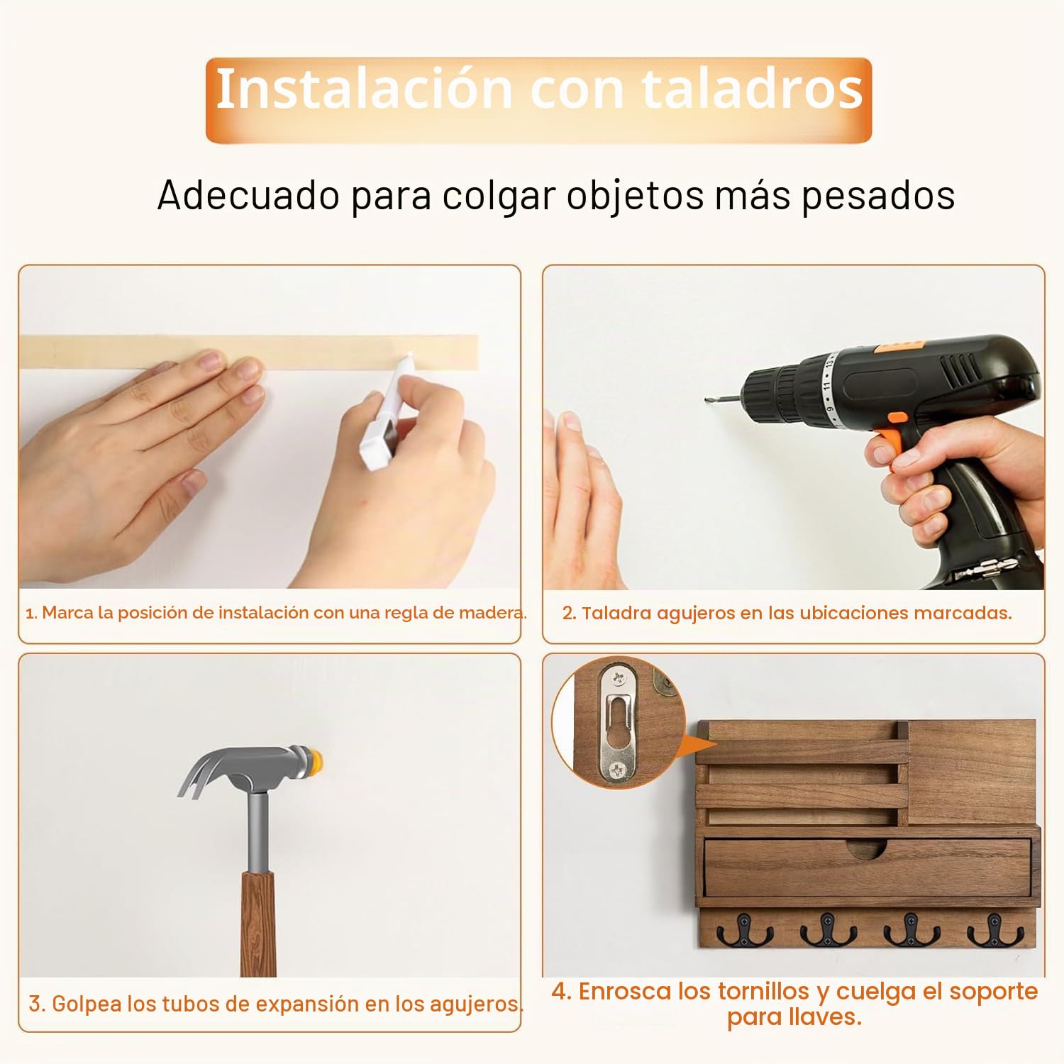 Colgador de Llaves con 4 Ganchos Dobles, Multifuncional Porta Chaves con Buzón, Colgador Llaves Pared con Cajón, Cuelga Llaves Pared para Salón, Pasillo, Oficina - Marrón