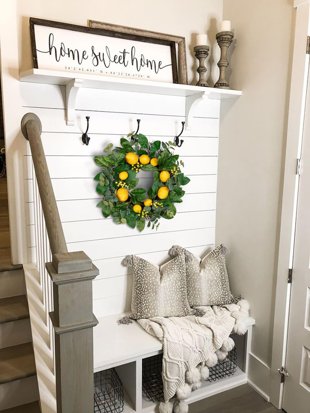Corona de flores artificiales de 18 pulgadas/46 cm, corona decorativa de limón para puerta de entrada, decoración de pared de casa o decoración de Pascua primavera-verano, hogar, fiestas, puertas,