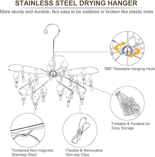 Miniatura 5 de Paquete de 2 perchas plegables de clip y goteo, colgador de secado de ropa de acero inoxidable con 20 clips, tendedero colgante para ropa sucia para