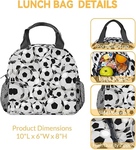Miniatura 3 de Lonchera de fútbol para niños, lonchera aislada para niñas y niños, lindas bolsas de almuerzo blancas reutilizables, pequeña con bolsillos, bolsa de