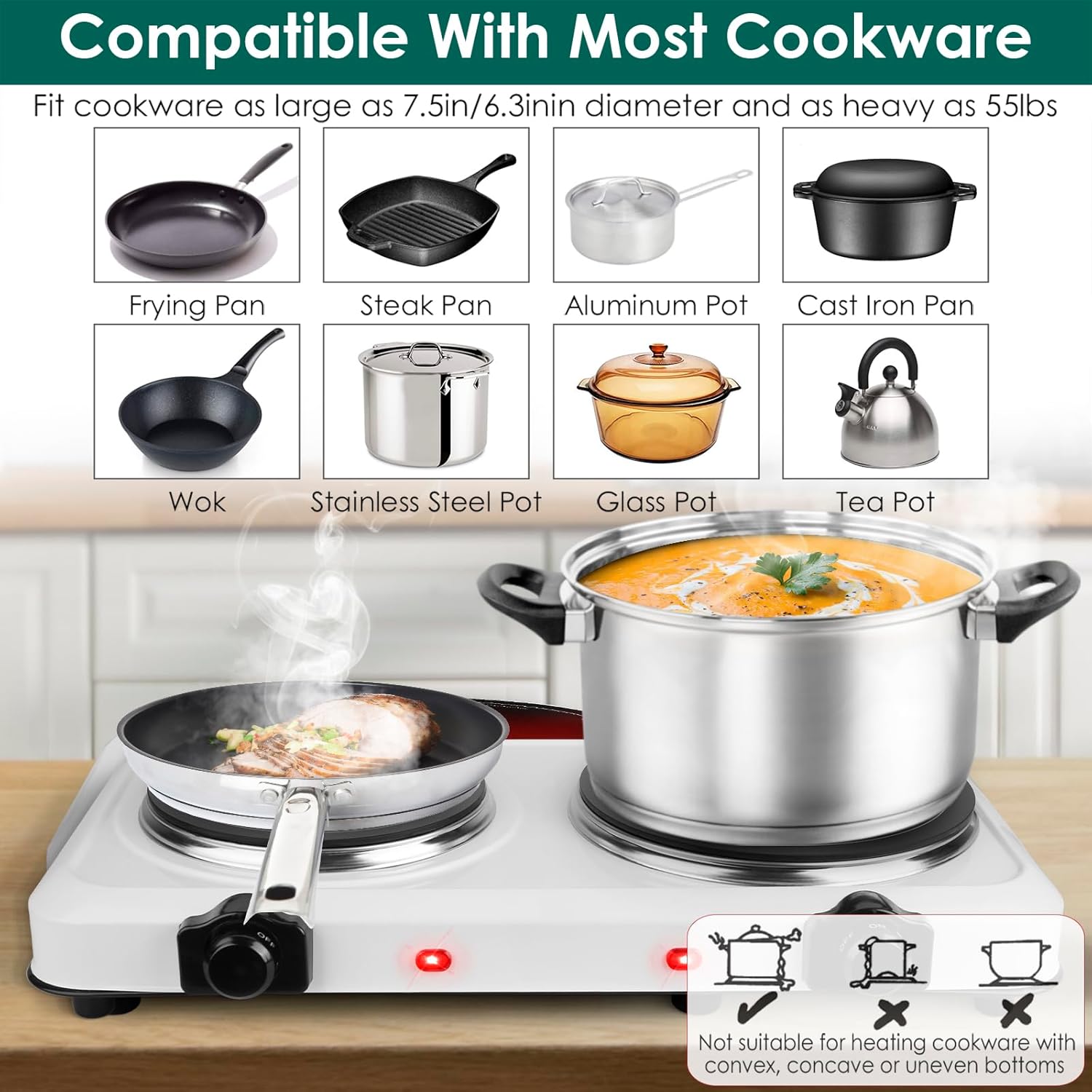 1800W Electric Hot Plate for Cooking, Dual Control Infrared Burner Cooktop Portable Heating Hot Plate Stove Countertop RV Hotplate with Glass Cooktop Stepless Temperature Adjustments for Home Camp