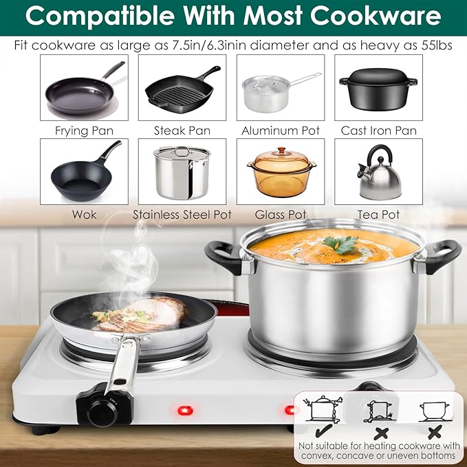 Estufa Eléctrica Portátil 2 Puestos 18x10.6 Pulgadas 1800W miniatura 6