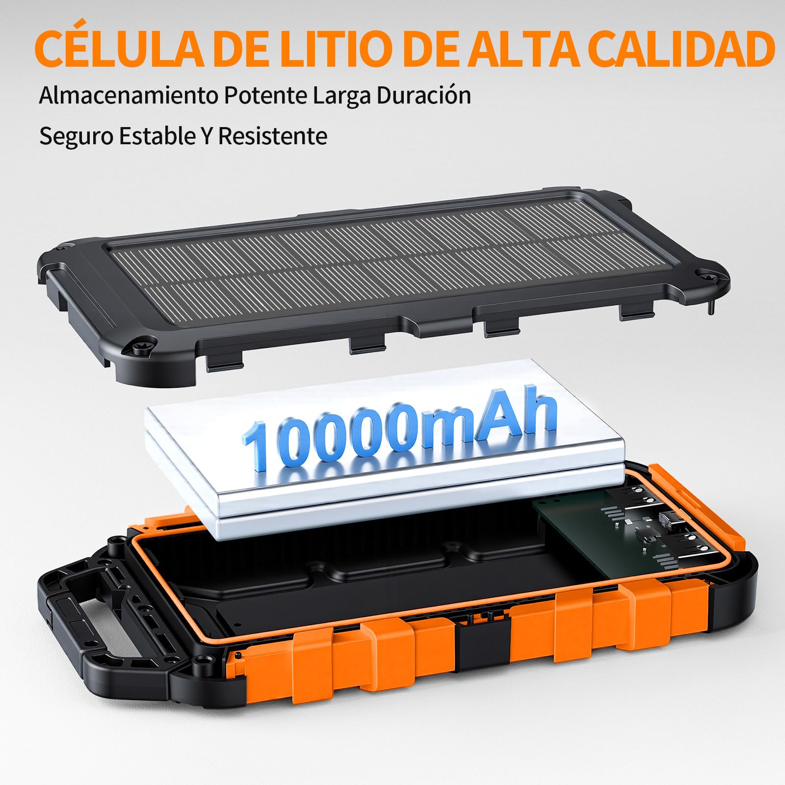 Cargador Solar 10000 mAh Power Bank Solar, Bateria Externa con Carga Rápida 22,5W Impermeable IPX4 2 Puertos USB + Linterna LED Compatible con Smartphones Tablets Camping y Emergencias Naranja