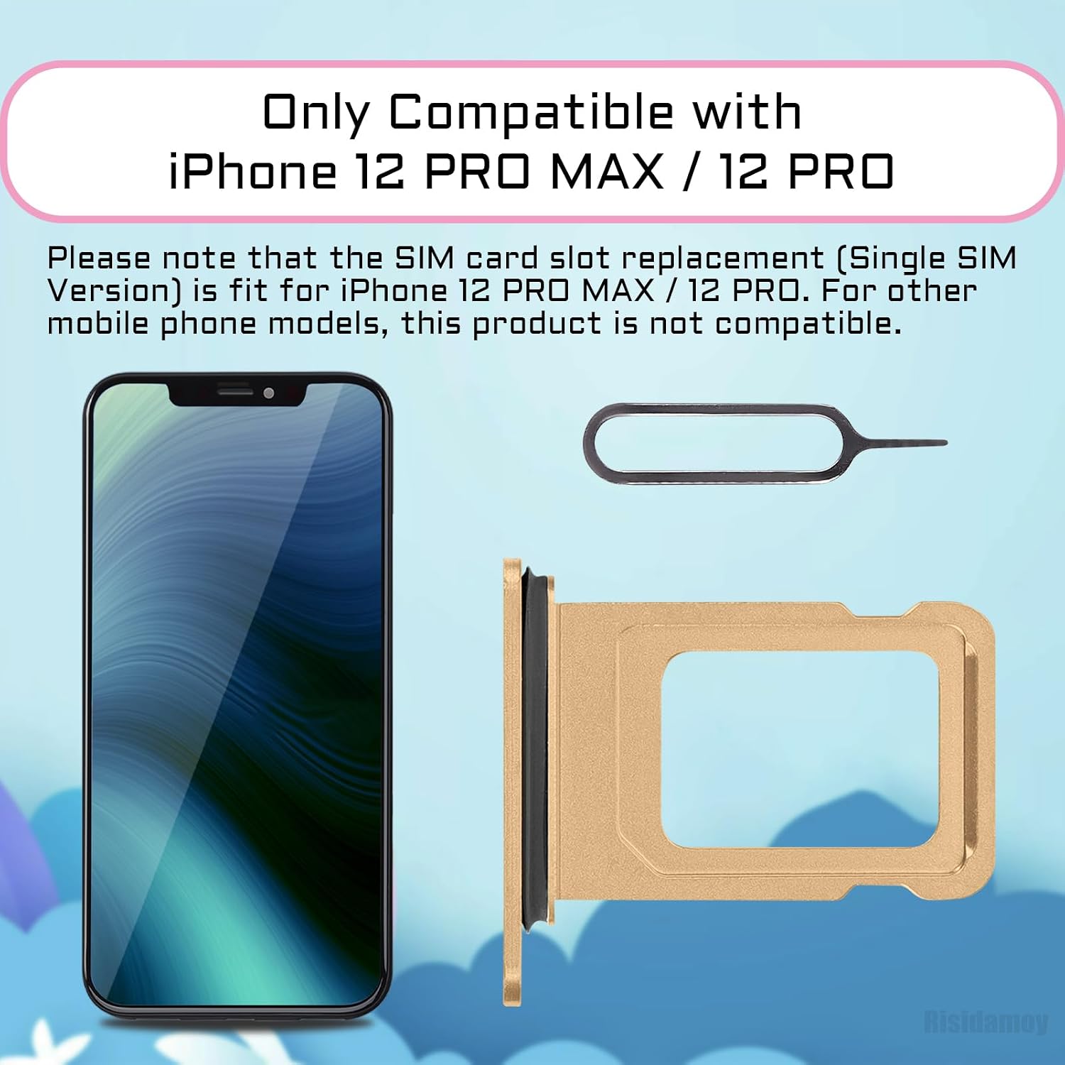for iPhone 12 Pro Max 12 Pro Gold Single SIM Card Tray Slot Part | Single SIM Card Slot Replace with Waterproof Rubber Ring SIM Ejector for iPhone 12Pro 12PromaxA2342 A2410 A2412 A2411