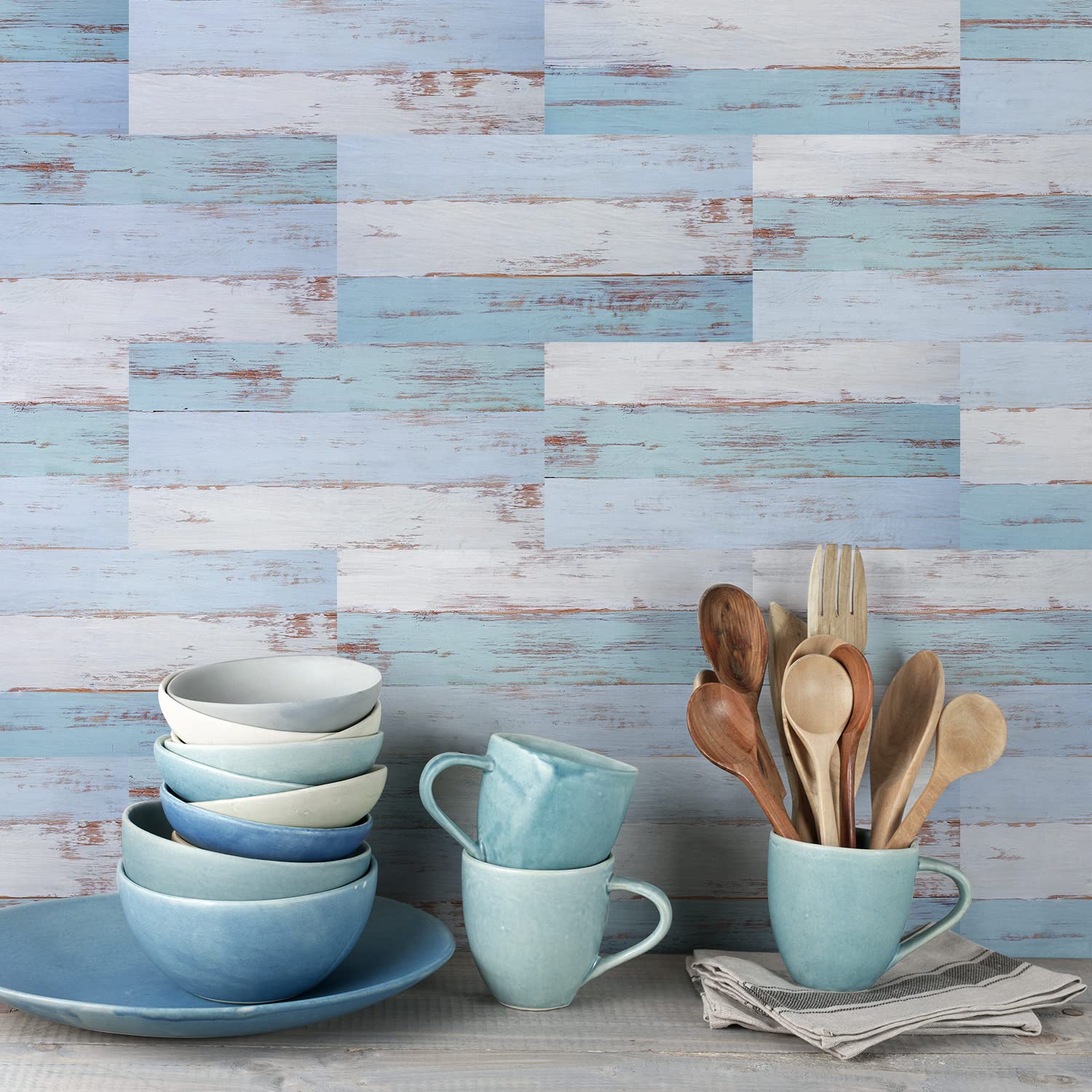 Neukids 12pcs Blue Wood Grain Tile Stickers, Self-Adhesive Tile Sticker