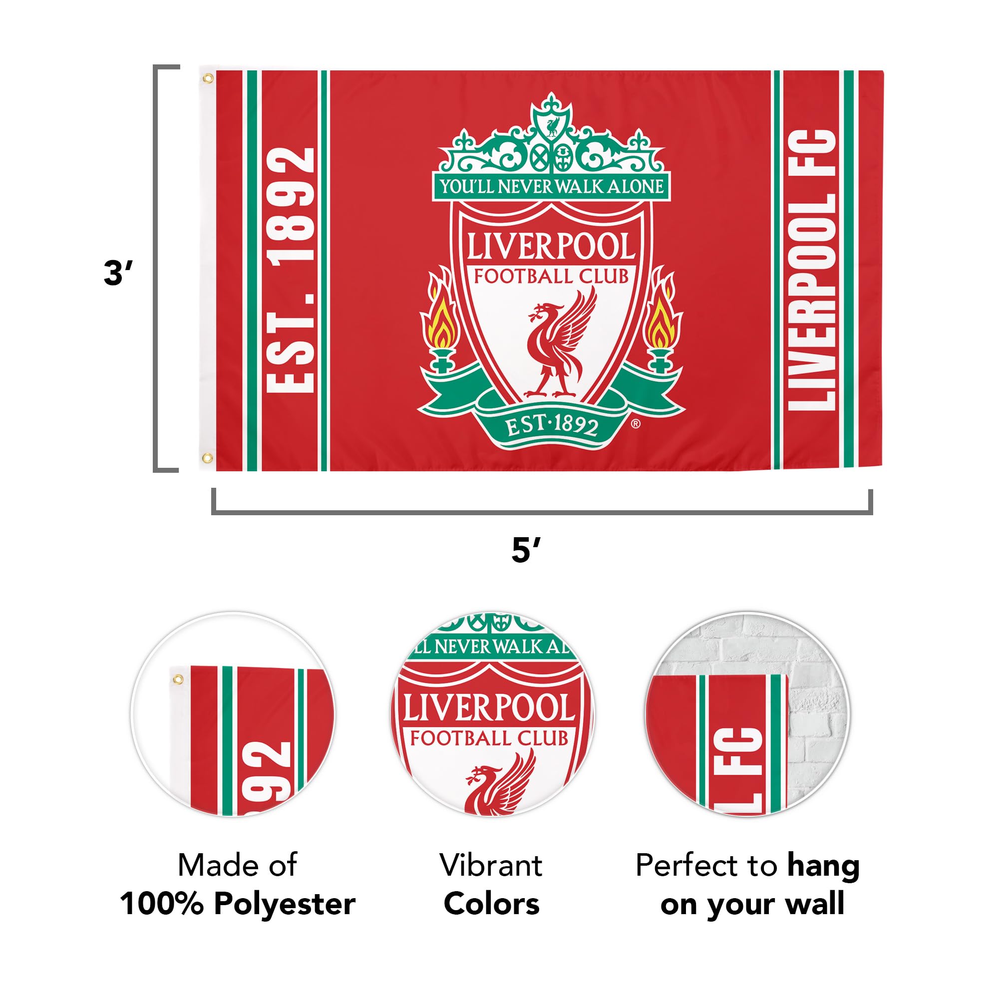 Liverpool FC Official 3x5 Foot Flag - 100% Polyester, Double-Stitched, For Outdoor & Indoor Display (Flag D)
