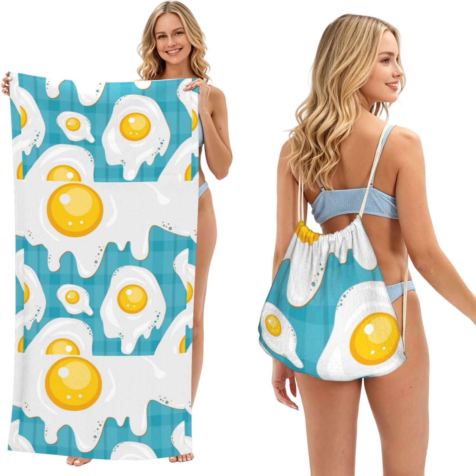 Poadnly As Picture Fried Egg Food, 2 In 1 Packable Towel Bag, Beach Towels With Drawstring Backpack For Travel Holiday Camping