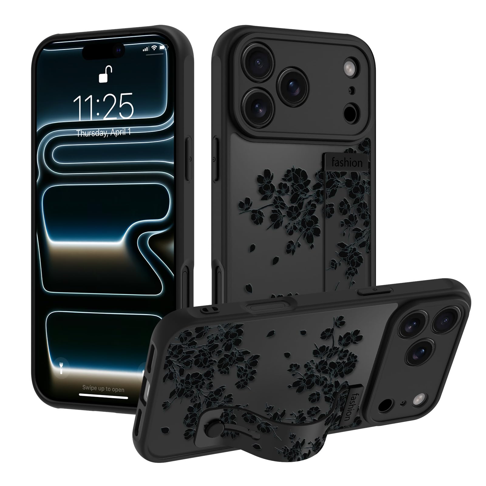 OOK Funda negra floral con soporte para iPhone 17 Pro de 6.3 pulgadas