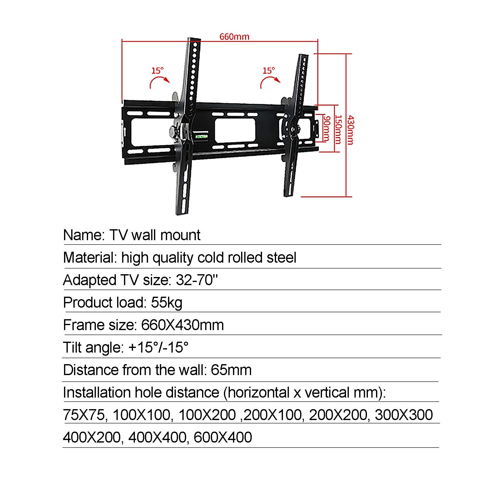 LIU- Soporte De Pared Inclinable for TV for La Mayoría De Televisores LED LCD Planos Curvos De 32-70 Pulgadas, VESA Máximo 600x400 Mm Soporta hasta 55 Kg