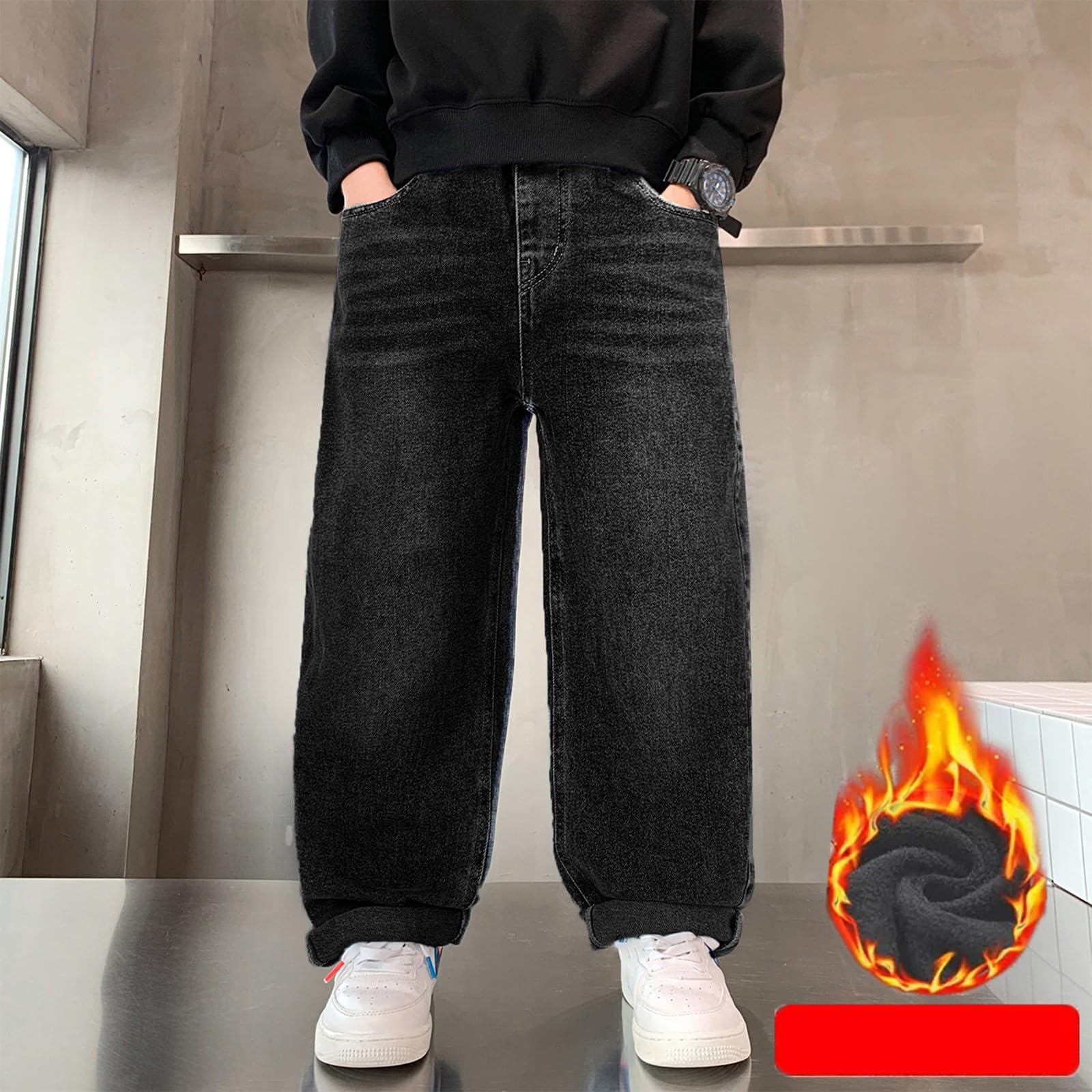 Jeans per ragazzi Pantaloni in denim foderati in pile Pantaloni dritti a gamba larga Pantaloni da scuola Vita elastica Jeans larghi per bambini Vintage Casual Streetwear