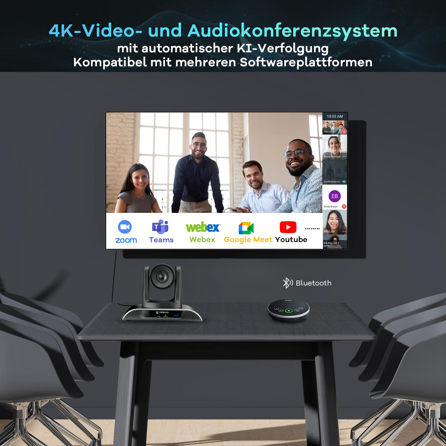 TONGVEO Système de caméra de salle de conférence PTZ 4K - Suivi automatique IA - Zoom 20x - Caméra PTZ 4K USB 3.0 HDMI LAN - Sorties et Bluetooth - Mains libres avec microphone pour de grandes