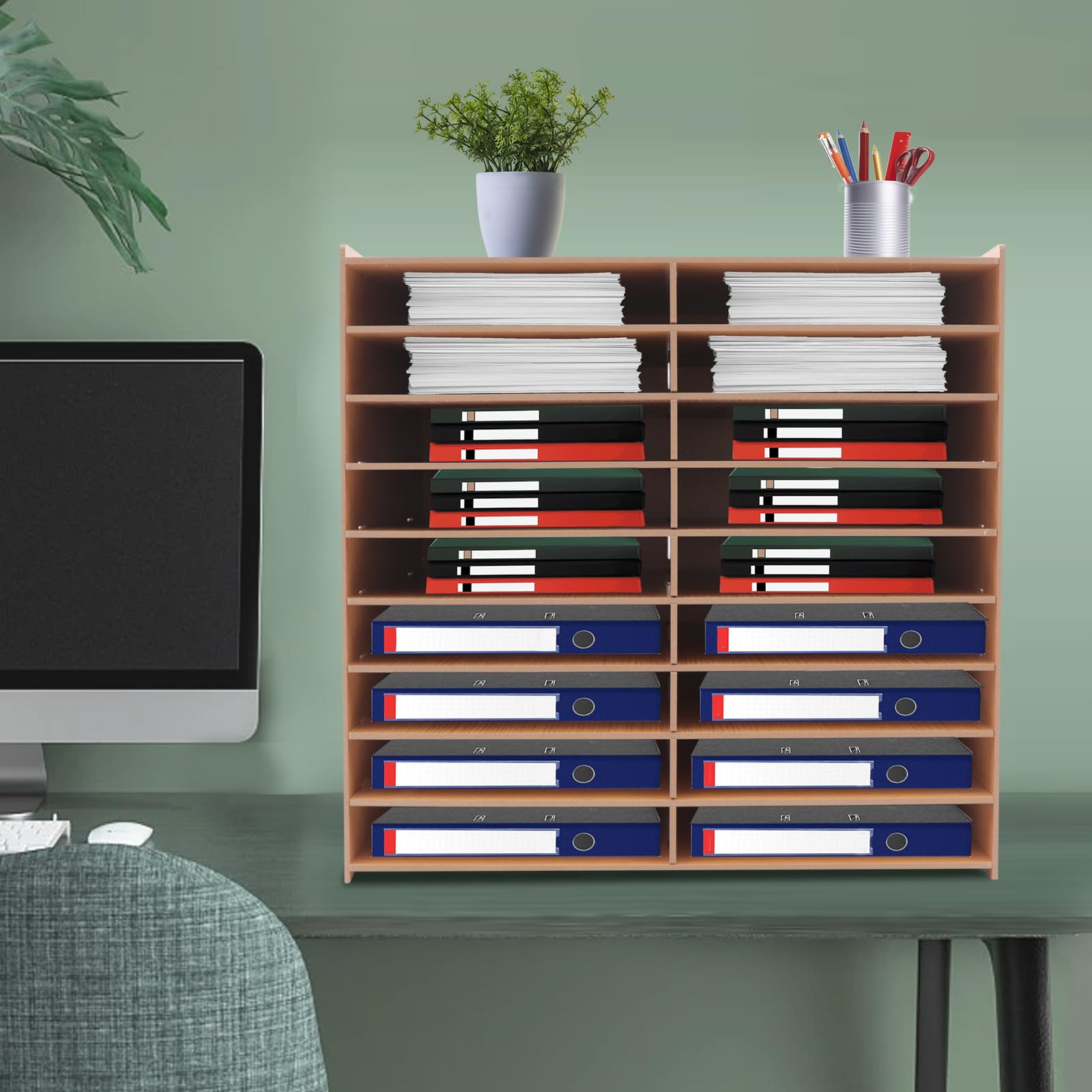 Organizzatore per ufficio in legno a 9 livelli, 18 scomparti, altezza regolabile tra strati Organizzatore da ufficio per casa, studio, collocazione documenti, libri, porta penne, 51,8 x 33 x 49 cm