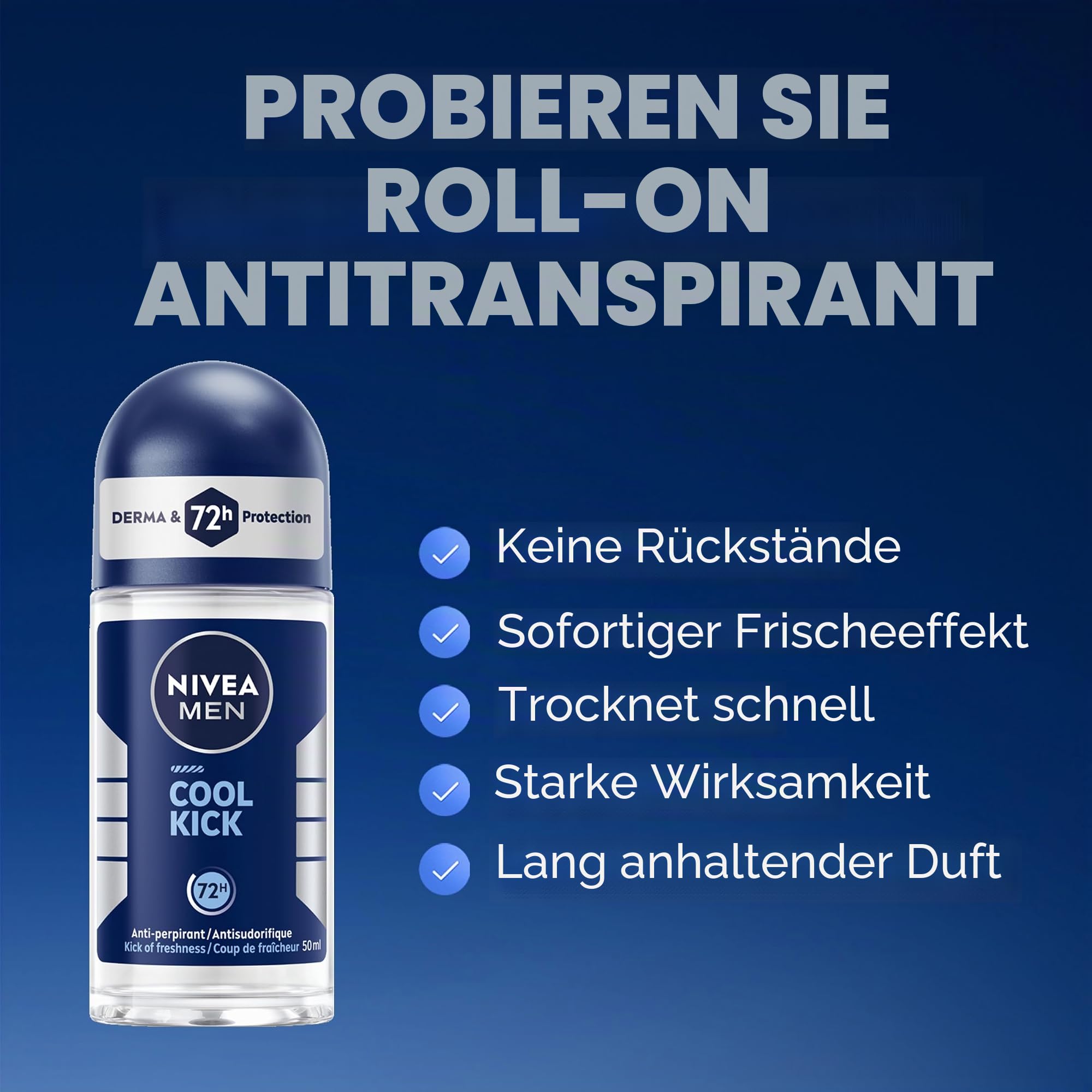 Nivea Men Cool Kick Anti-Transpirant Roll-On (6 x 50 ml), Männer Deo, Fresh 48H Schutz + Cool-Care