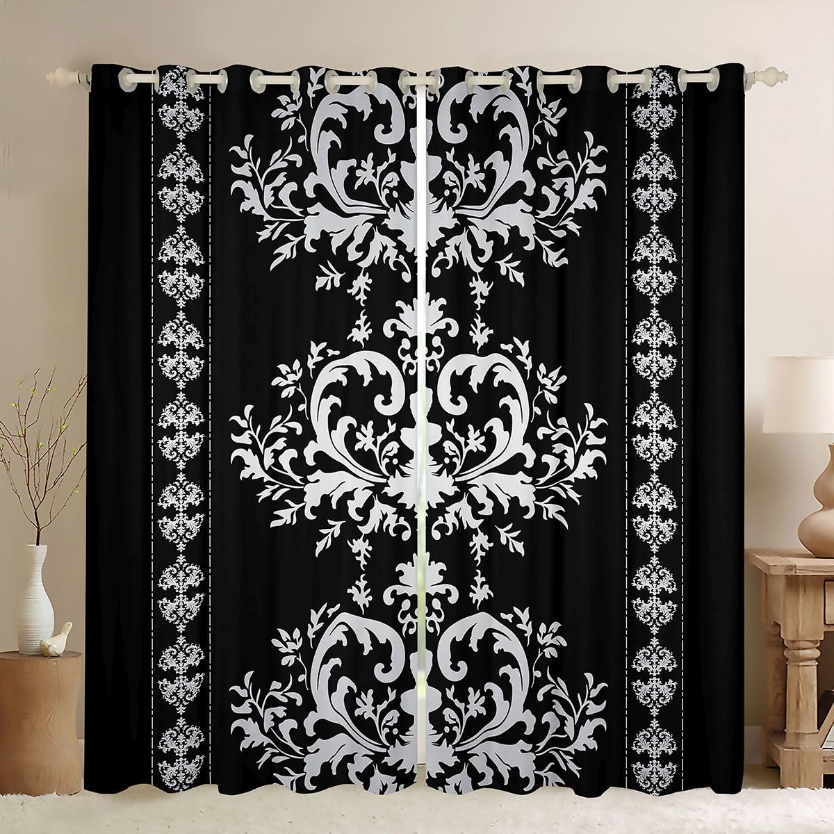 Homemissing Vintage Damask Floral Curtains(2 Panels W46*L54) Damask Jacquard Window Curtains for Bedroom Gothic Bohemia Floral Blackout Darkening Drapes Oriental Antique Window Treatments