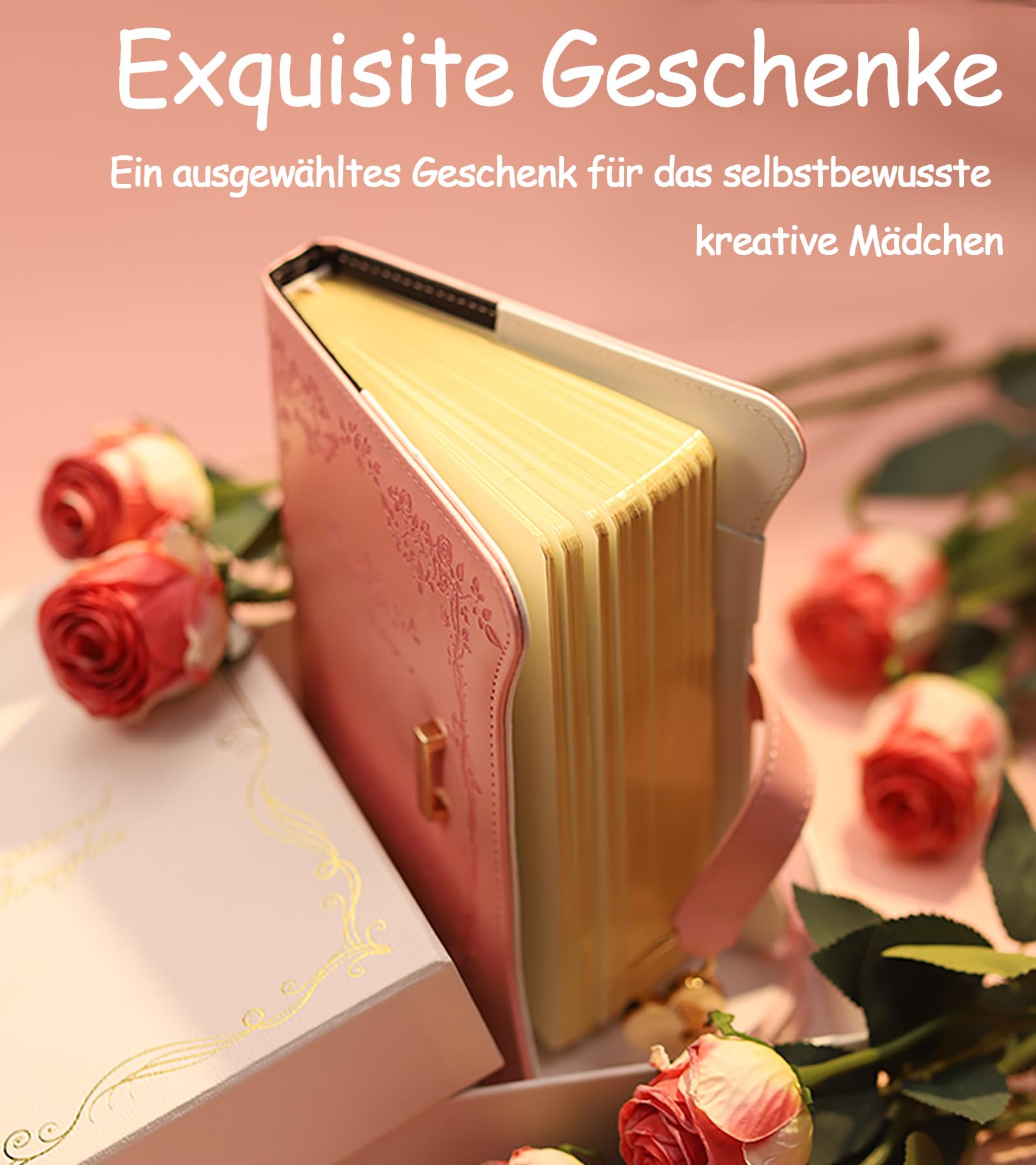 Tagebuch mit Schloss für Mädchen – 360 Goldschnitt-Seiten, nachfüllbar im B6-Format, inkl. Stift und Lesezeichen-Rosa