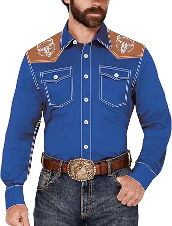 Mens Western Cowboy Shirt Long Sleeve Embroidered Casual Button Down Shirt