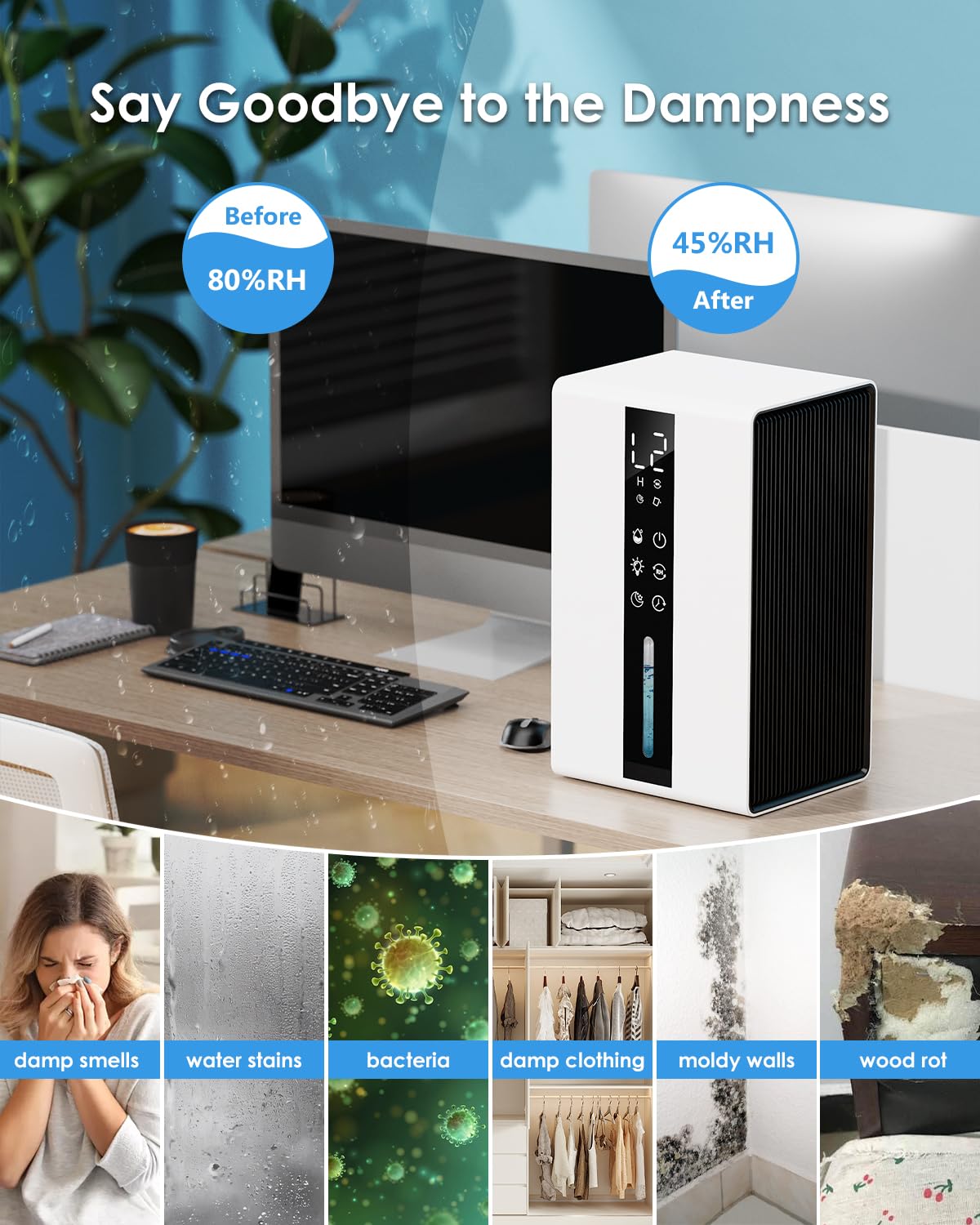 Deumidificatore Silenzioso con 1800ml, Deumidificatore Casa Muffa con Modalità Sospensione e Timer da 6-48 Ore, Controllo Umidità Auto (≥50% RH) Sbrinamento Auto, 7 Luci RGB, Basso Consumo Energetico