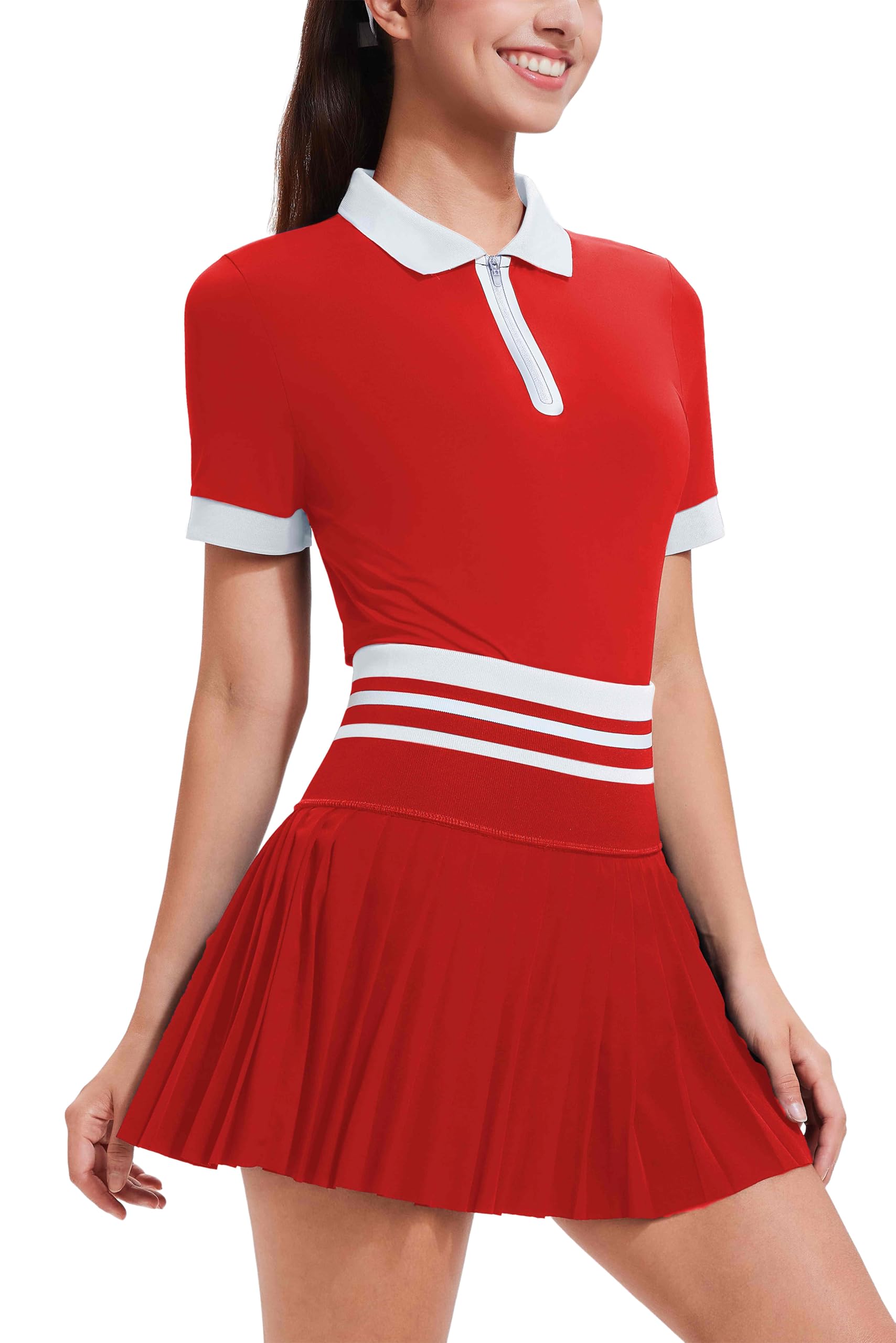 Tennis Skirt Sets for Women Zipper Color Block High Waisted Golf Polo Two Piece Skirt Set Women 2 Piece Outfits