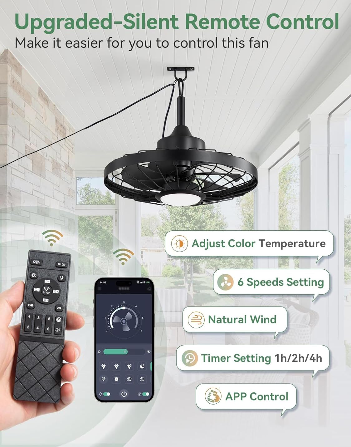 Deckenventilator für Außen mit Licht und Fernbedienung IP65 Wasserdicht LED Lampe mit Ventilator für Garten Terrasse Dimmbar Leise Deckenlampe Retro Deckenventilator mit Beleuchtung für Outdoor Innen