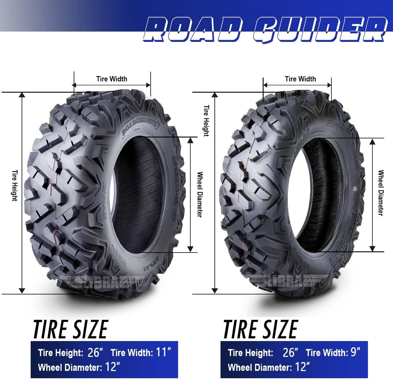 ROADGUIDER Set 4 ATV UTV Tires 26x9-12 26x9x12 front & 26x11-12 26x11x12 Rear 6PR All Terrain