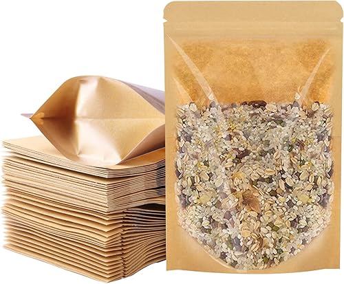 100 bolsas de pie, bolsas de papel kraft de 4 x 6 pulgadas con ventana transparente, bolsas reutilizables con cierre hermético para alimentos,