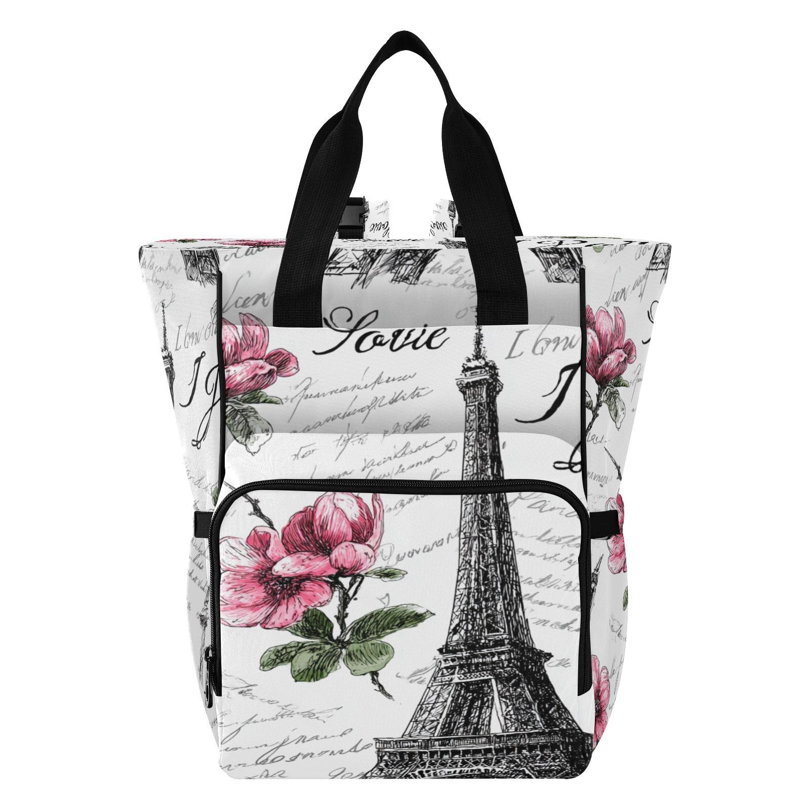 Eiffel Tower Diaper Bag Backpack Waterproof Baby Changing Bag with Insulated Bottle Holders Multi-Pocket Travel Nappy Backpack with Stroller Straps for Mum & Dad