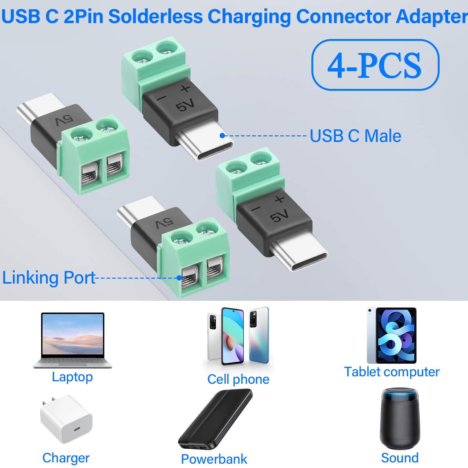 Adattatore USB-C A 2 Pin Senza Saldatura – Kit 4 Pezzi Per Riparazione Cavi E Progetti DIY