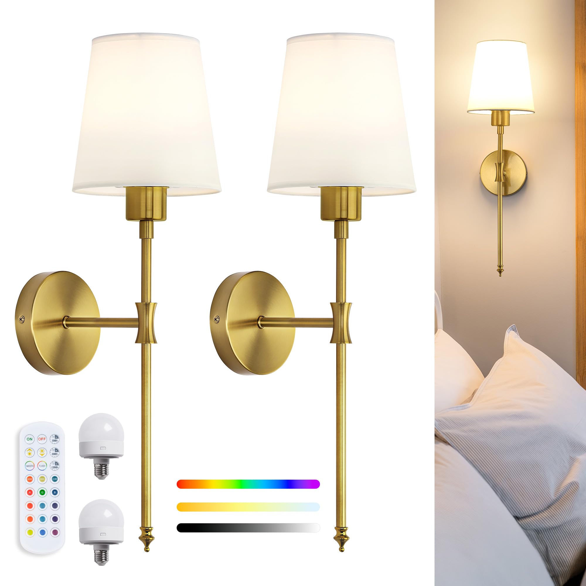 LuminexDesigns Wandleuchte Innen Akku LED Wandleuchte ohne Stromanschluss, RGB Wandlampe Akku mit Fernbedienung, 3000K/ 4500K/ 6000K, Wandlichte Innen für Wohnzimmer, Schlafzimmer, Kinderzimmer, Gold