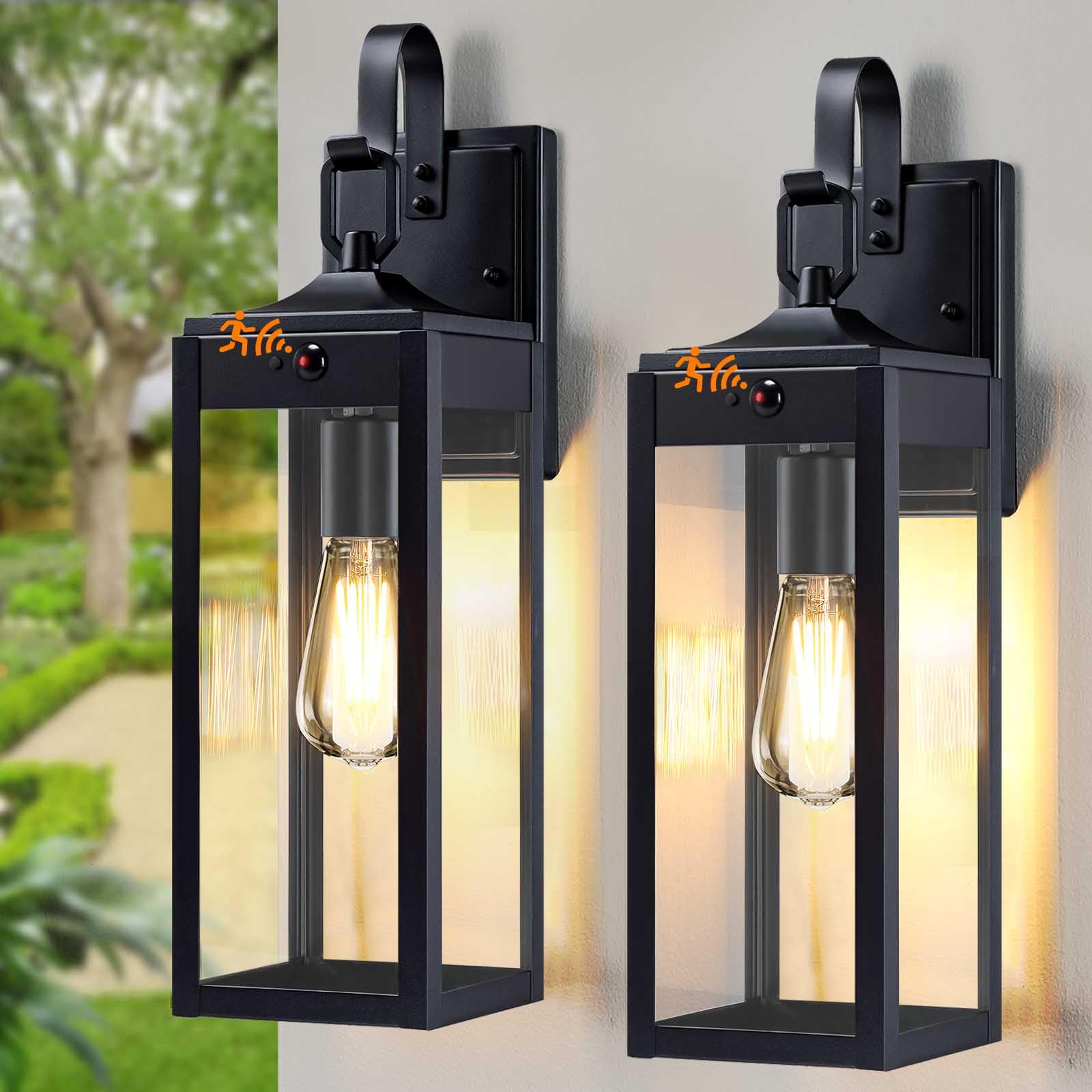 Photo 1 of 18'' Large Motion Sensor Outdoor Lights 2 Packs, Dusk to Dawn Exterior Lighting Fixtures, Modern Black Outdoor Sconces Porch Light for House, Outside Farmhouse Wall Lanterns for Front Door, Garage
