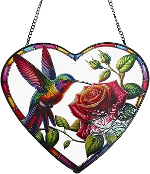 Hummingbird Rose Stained Glass Window Hanging, Hummingbird Suncatcher Gift for Bird Lover Grandma Grandpa, Bird Sun Catchers Hanging Decor for Garden Home