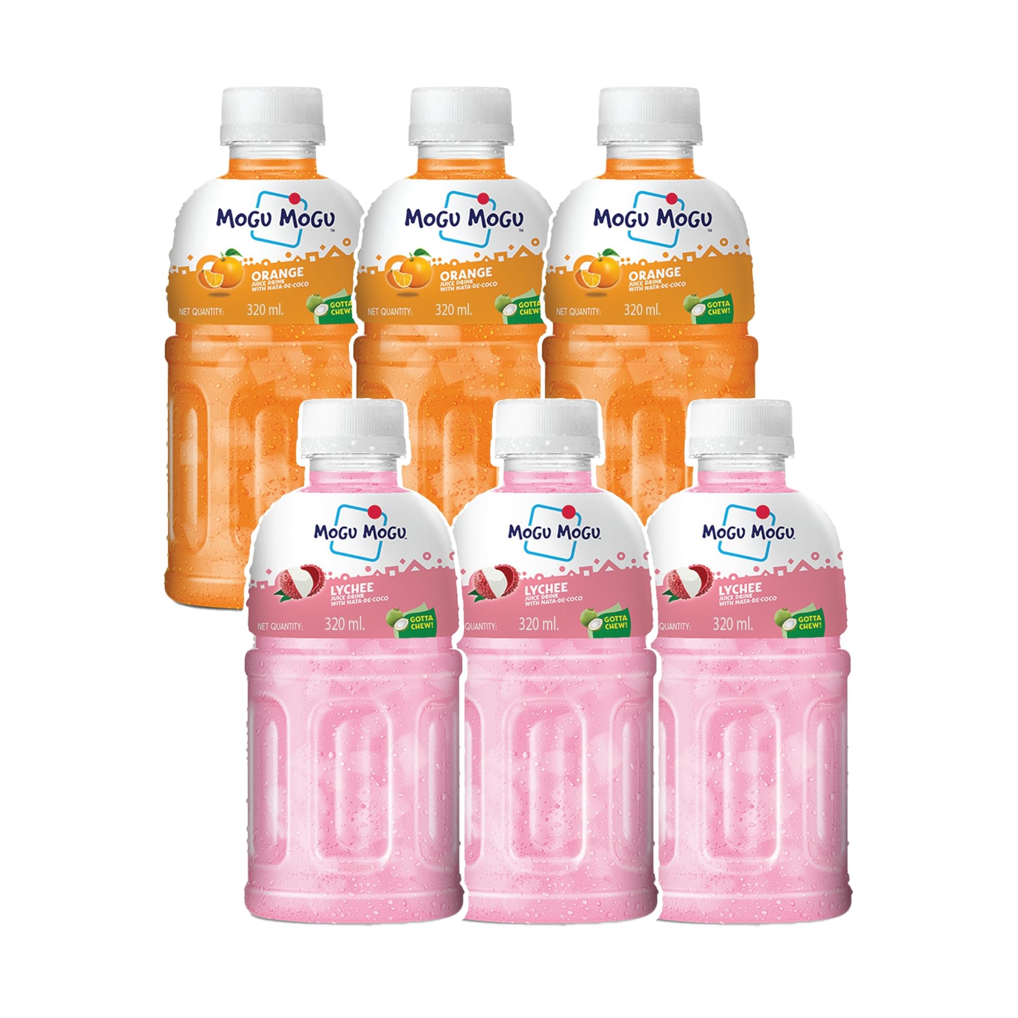 Mogu Mogu Lychee & Orange Juice Drink with Nata de Coco Jelly 320ml (Pack of 6)| Refreshing Tropical Thai-Made Sip & Chew Beverage