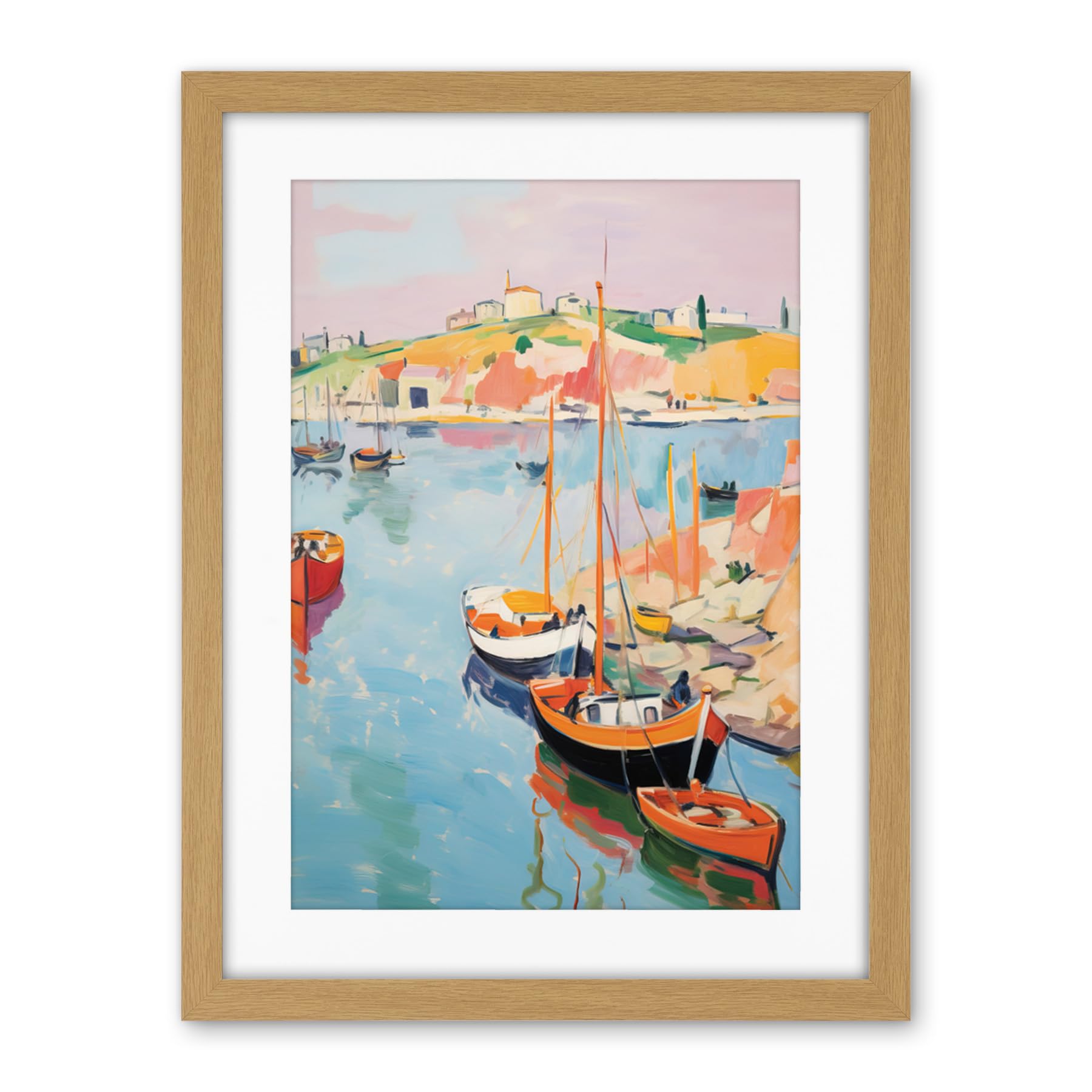 Artery8 Boats in Harbour Fishing Village Coastal Landscape Colourful Abstract Watercolour Painting Artwork Framed Wall Art Print 18X24 Inch