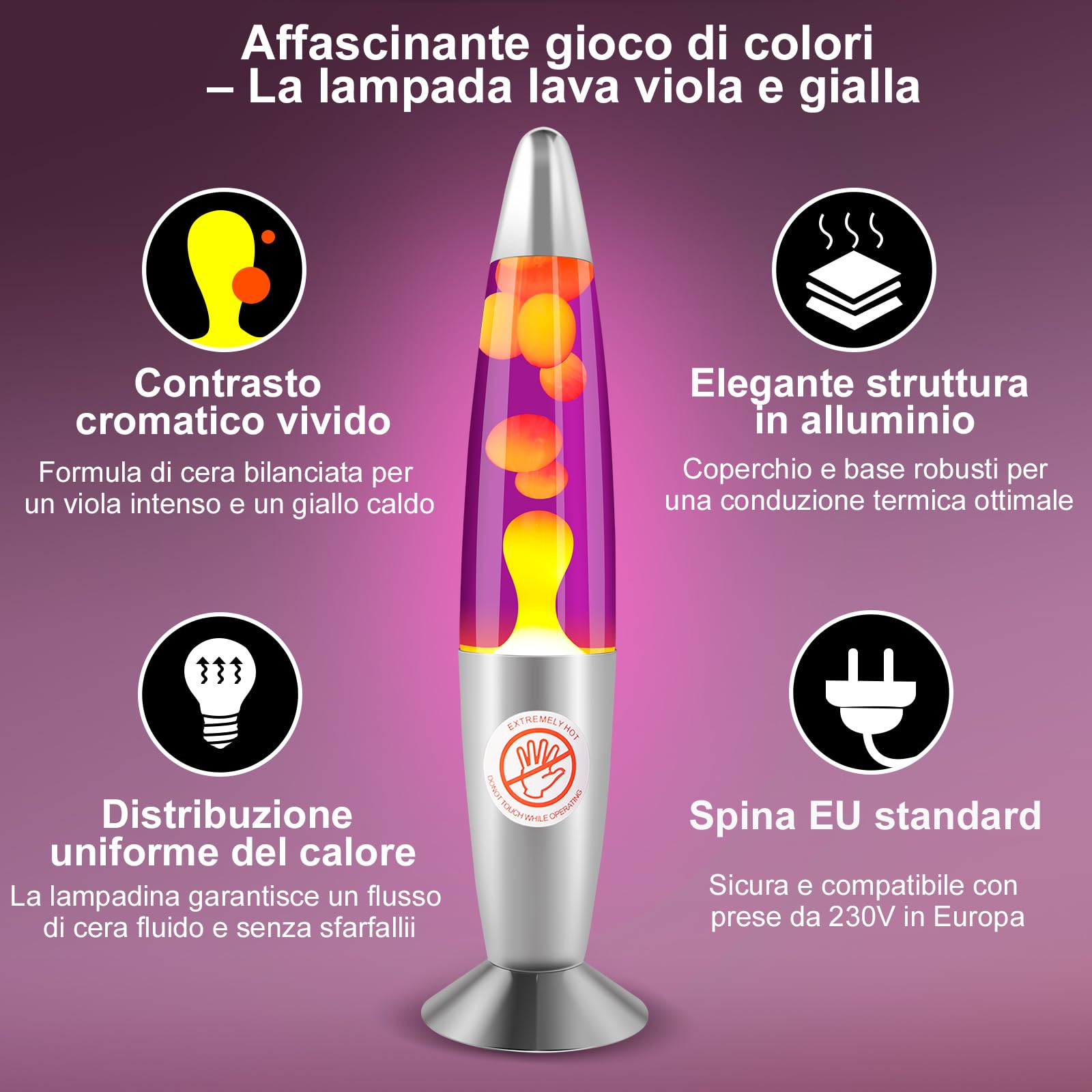 Ajacxet Lampada Lava 34 cm Viola e Gialla – Lampada a Lava Retrò Decorativa – 2 Lampadine R39 25W E14 – Luce d’Atmosfera Rilassante per Camera e Soggiorno, Idee Regalo