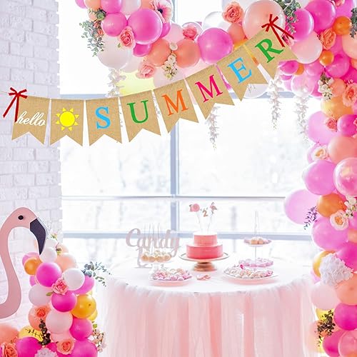 Miniatura 5 de Adurself Cartel de arpillera de Hello Summer con letreros de sol y lazos, guirnalda rústica para campamento, piscina, playa, barbacoa, decoración