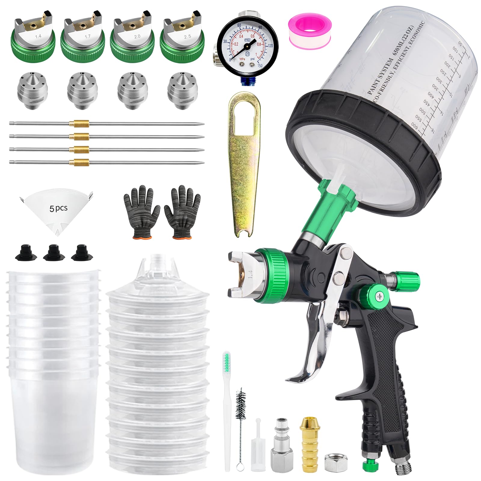 HVLP Lackierpistole Spritzpistole Kit, Lackierpistole Druckluft mit 1,4/1.7/2.0/2,5mm 4 Düsen & 600ml Einweg-Farbspritzpistolenbecher, Farbpistole für Möbel, Wand, Zaun